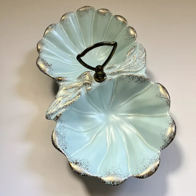 Vintage Divided Candy Dish Handle Cabbage Leaf MCM USA No101 Blue Gold Condiment