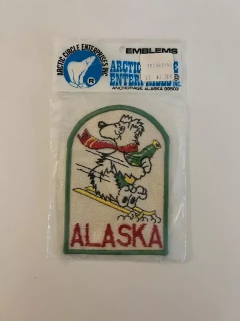Vintage Sealed Alaska Patch with Skiing, Drinking Polar Bear - Arctic Circle.