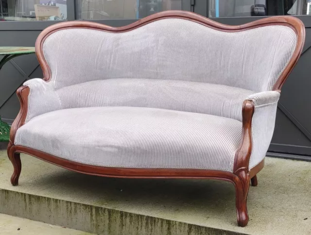 Ancienne Banquette Style Louis XV/Velours Gris Clair/Meuble Salon Ancien 2