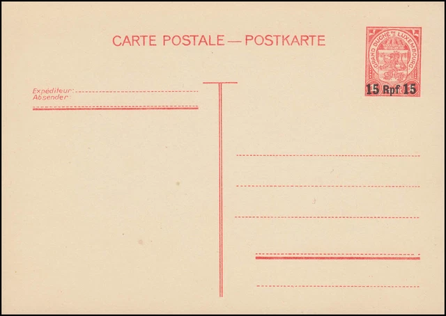 Luxemburg Postkarte P 8 Aufdruck 15 Rpf auf 1 F. rot, ** wie verausgabt