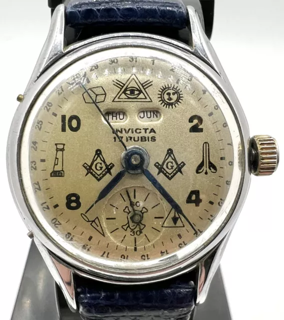 VINTAGE 1940S MASONIC Dial Invicta Triple Date Manual Wind Watch