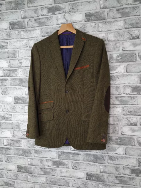 TED BAKER BLAZER Size 36 R 100% Wool Jacket Green Tweed Endurance Elbow ...