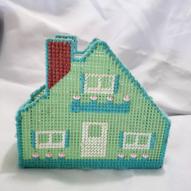 Vintage Cottage House Napkin Holder Plastic Crochet Blue Green Pastel