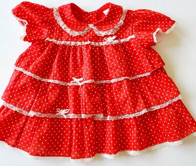 Vintage Alexis Baby Girl Red White Polka Dot Lace Dress USA 12 mo Poly Cotton