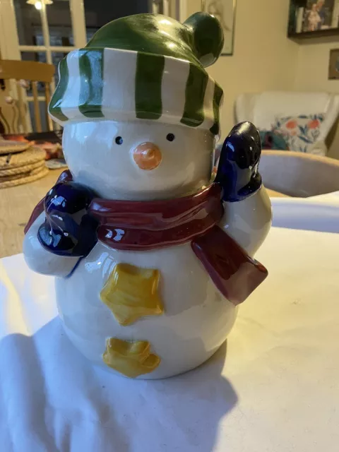 Vintage SNOWMAN Cookie Jar.  Biscuit Barrel Christmas Festivities 11 ins