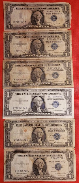 1935 & 1957 Silver Certificate Blue Seal $1 One Dollar 6 Bill Lot - C