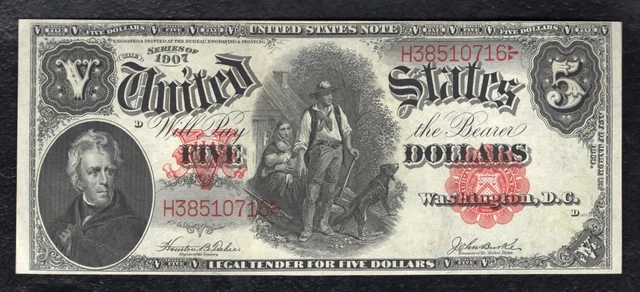 Fr. 88 1907 $5 “Woodchopper” Legal Tender United States Note About Unc