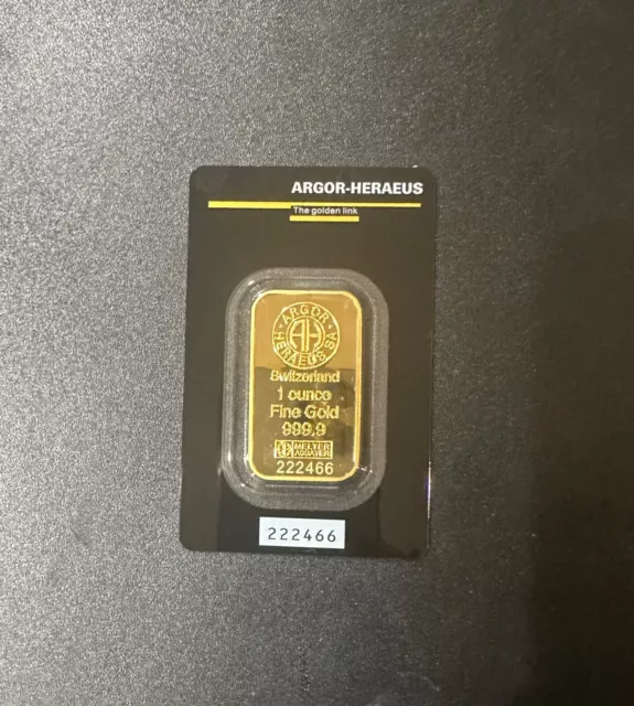 1 oz. Gold Bar - Argor Heraeus - 999.9 Fine in Assay