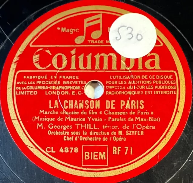 Georges Thill : J'ai tant d'amour / La chanson de Paris 78 RPM COLOMBIA RF 71