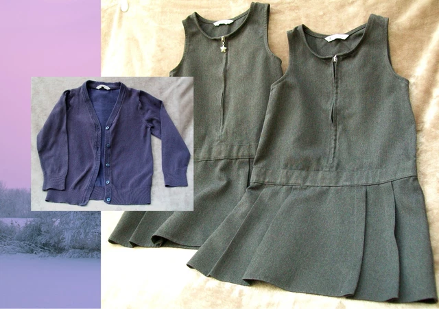 Bundle 2 of Girls Uniform - 2 Grey Pinafore Dress - 1 Navy Cardigan - Age 4-5