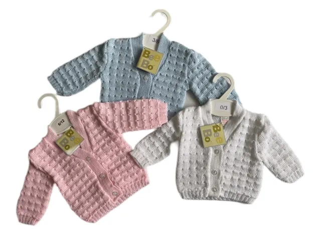 Baby Boy Girl Knitted Cardigan White Pink Blue 0-3 3-6 6-9 6-12 Months Bee Bo