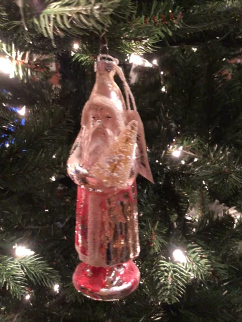 Ragon House Red Glass Belsnickle Santa w/white bottle brush tree ornament, NWT