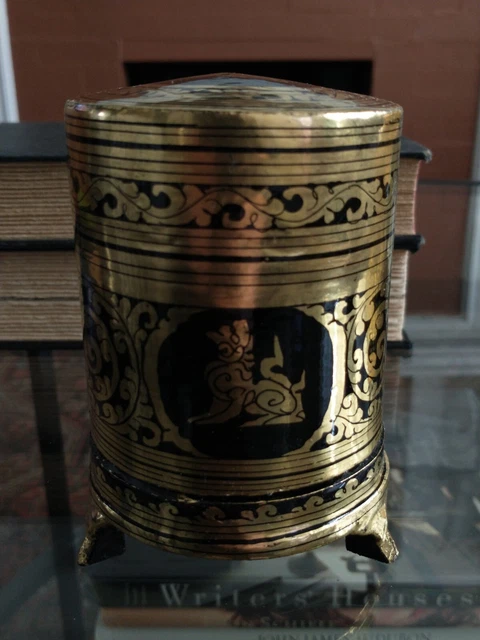 Antique Burmese Black & Gold Lacquer Betel Nut Cigarette Box Vtg Myanmar Shwezar 20