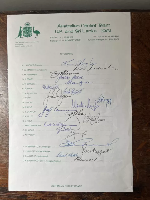 Ashes - 1981 Australia Team sheet Tour - England & Sri Lanka - hand signed by 20