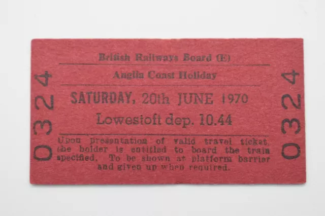 BRB Railway Ticket 0324 Anglia Coast Holiday June 1970 LOWESLOFT