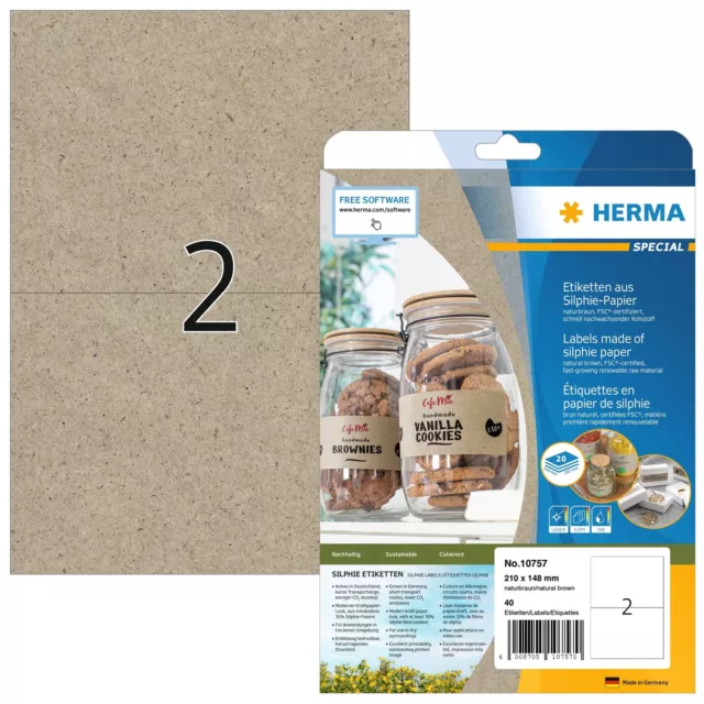 HERMA 10757 Universal Labels DIN A4 Large (210 x 148 mm, 20 Sheets, Silphie Pape