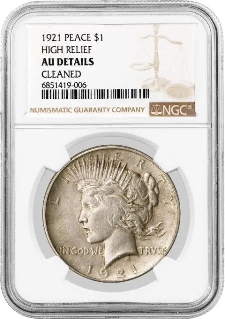 1921 High Relief $1 Silver Peace Dollar NGC AU Details Cleaned Key Date Coin