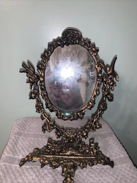 Vintage  Ornate Cast Brass Vanity Table Mirror with Trinket Tray