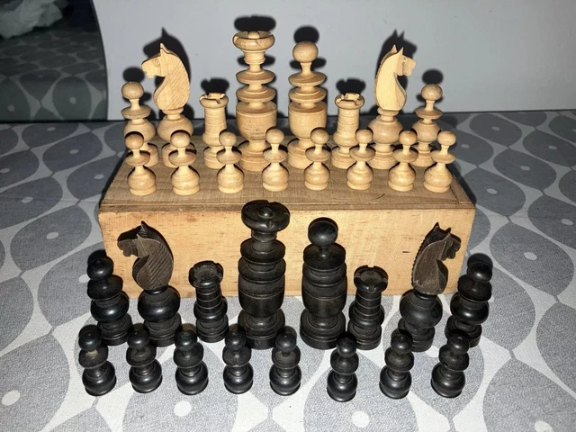Large Handmade Wooden Chess Set Hand Carved Board Pieces Vintage Full Game | #4754052096