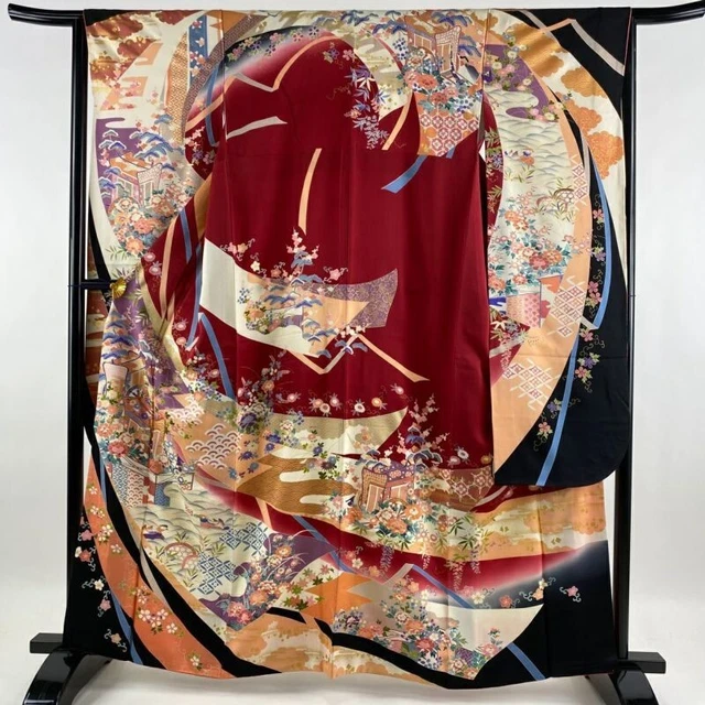 Woman Japanese Kimono Furisode Silk Flower Goshoguruma Gold Foil DeepRed