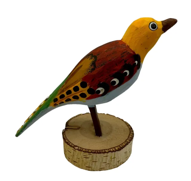 Hand Carved Painted Wooden Bird on Base Colorful Cartoon Folk Art 3.5 inches