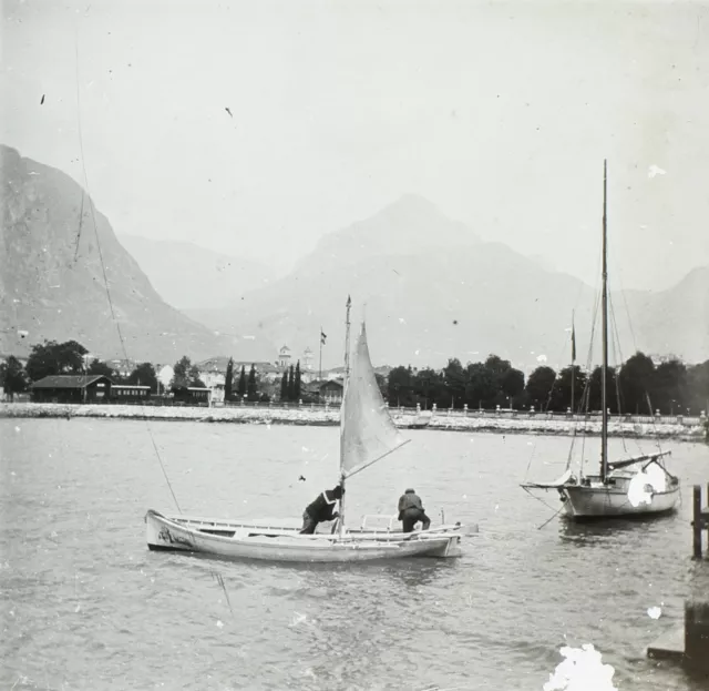 Montagne Lac Voilier France ou Suisse c1910 Photo Stereo Plaque de verre Vintage
