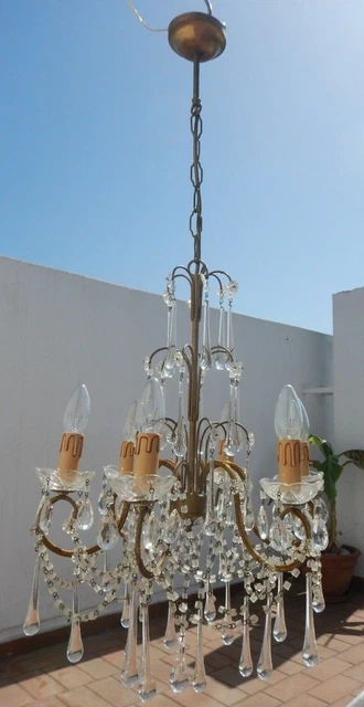 Ancienne Lustre Murano a Pampille Verre Cristal De Couleur Et Bronze 6