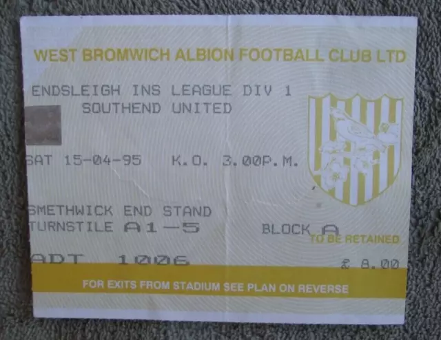 1994-95 West Bromwich Albion  v Southend United  - Division One  - Ticket Stub