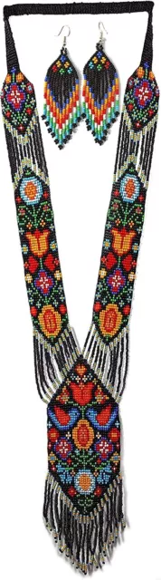 Women Hand Beaded Seed Bead Mexican Native American Necklace With Earrings