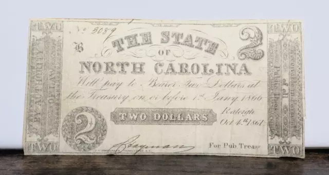 1861 $2 The State of NORTH CAROLINA Note - CIVIL WAR Era