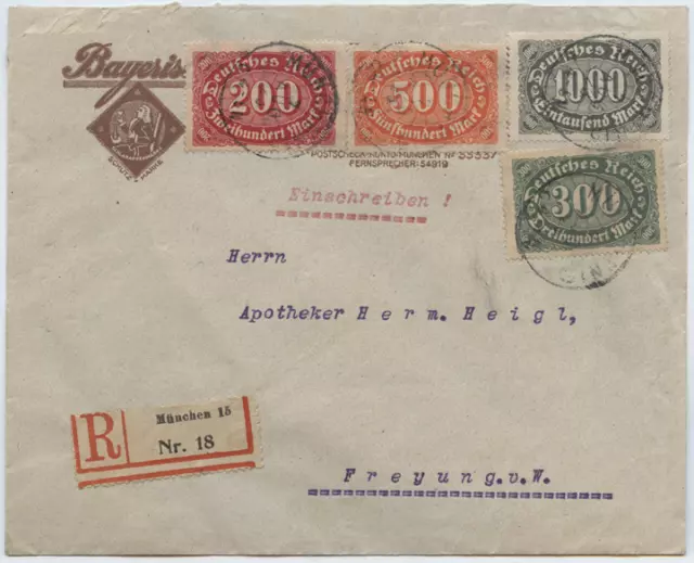 Deutsches Reich 1923 E-Brief München nach Freyung MiF, MiNr 248/9 251/2