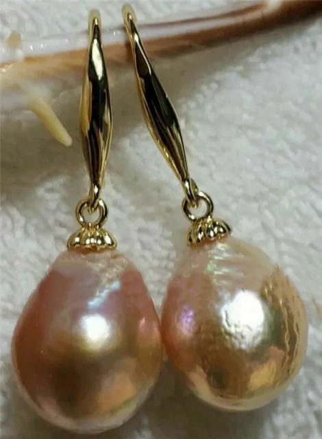AAA 13X12mm pink South Sea Baroque Pearl Earrings 14K YELLOW GOLD