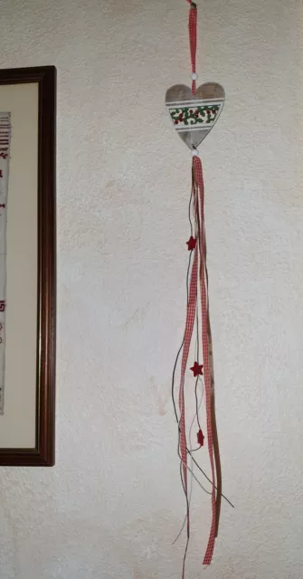 Herz Holz mit Bändern Weihnacht Ilex Stern Karoband Shabby Stil 82 cm Hängedeko