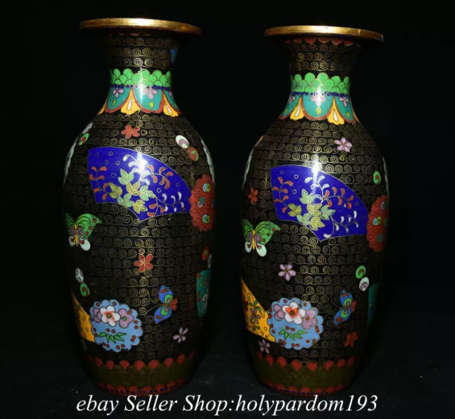 8.6" Collect Old Chinese Copper Enamel Cloisonne Gilt Flower Bottle Vase Pair