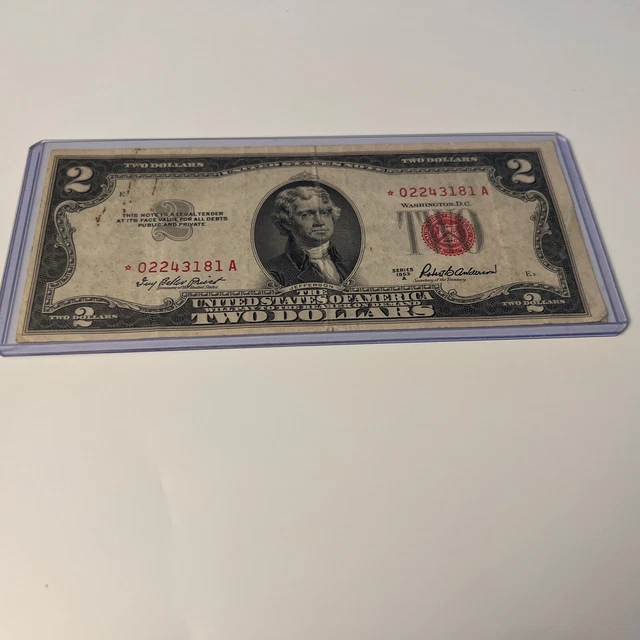 1953 $2 *STAR* TWO DOLLAR RED SEAL NOTE nice circulated Miscut wide left margin