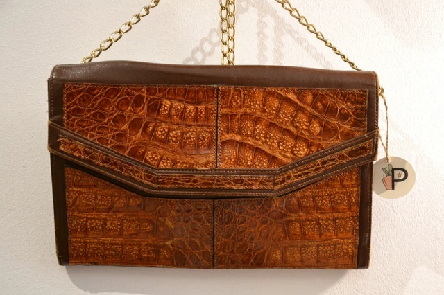 Très beau et élégant sac à main en cuir marron vintage authentique avec anse