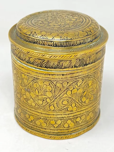 Boite Cylindrique Laiton Gravé XIX EME Antique 19 th Box