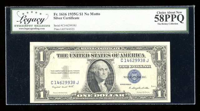 DBR $1 1935-G Silver Fr. 1616 No Motto CJ Block Legacy 58 PPQ Serial C14629938J