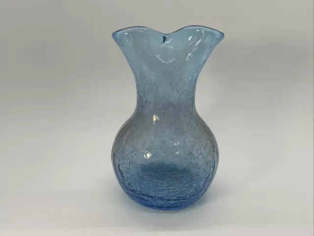 Hand Blown Crackle Glass Blue Pinched Bud Vase 4.75"