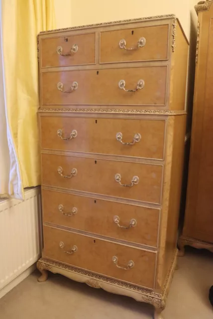 Art Deco Blonde Burr carved Maple Tall Bedroom Chest of 7 Drawers