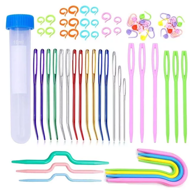 69x Large Eye Sewing Knitting Needles Bent Tapestry Blunt Needle Stitch Markers
