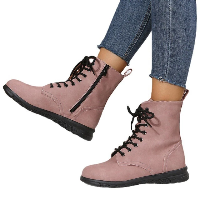 Women's Fall Leather Boots Lace-Up Block Heel Large Size Low Leg Solid