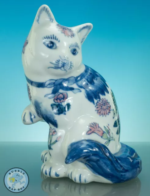 Chinese Porcelain Lucky Cat Figurine Blue White Floral Pattern