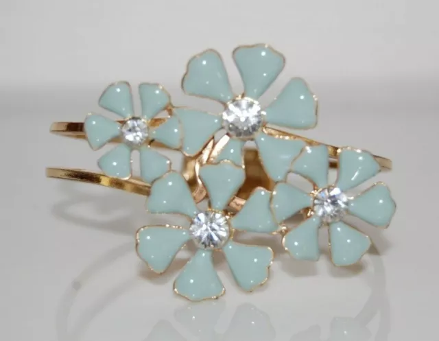 Elegant Couture Large Blue Enamel Flowers & Rhinestones Clamper Bangle Bracelet