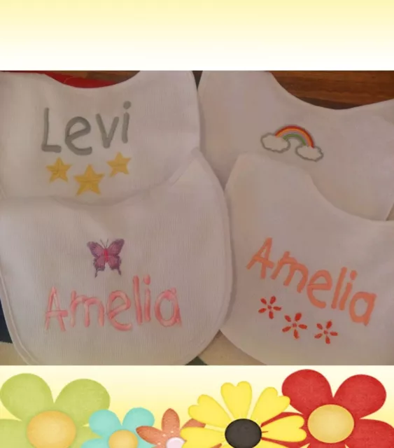 Personalised newborn baby  bib embroidered 4 design any colour/name pack 3 or 5