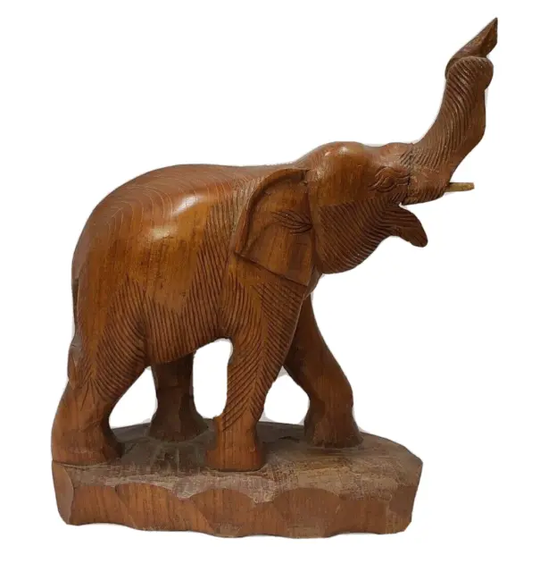 Elephant Sculpture Teak Wood Figurine Trunk Up Hand Carved Brown Vintage
