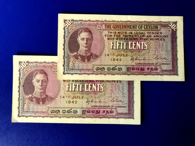 CEYLON  2 X .50 Cents   BANKNOTES Cons; Pair 1942