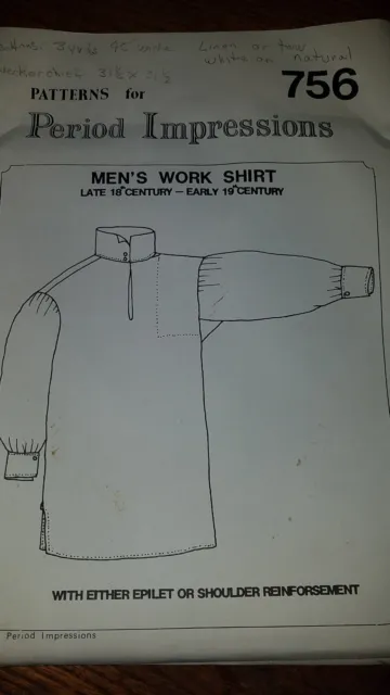 Pattern for Period Impressions #756 Mens work shirt late 18th early 19th century