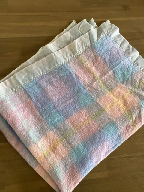 Vintage Baby Blanket Acrylic Pastel Plaid Satin Trim 35”X 44”