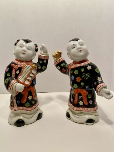 Pair of Chinese Export Porcelain Ho-Ho Boy Figurines / Children Signed